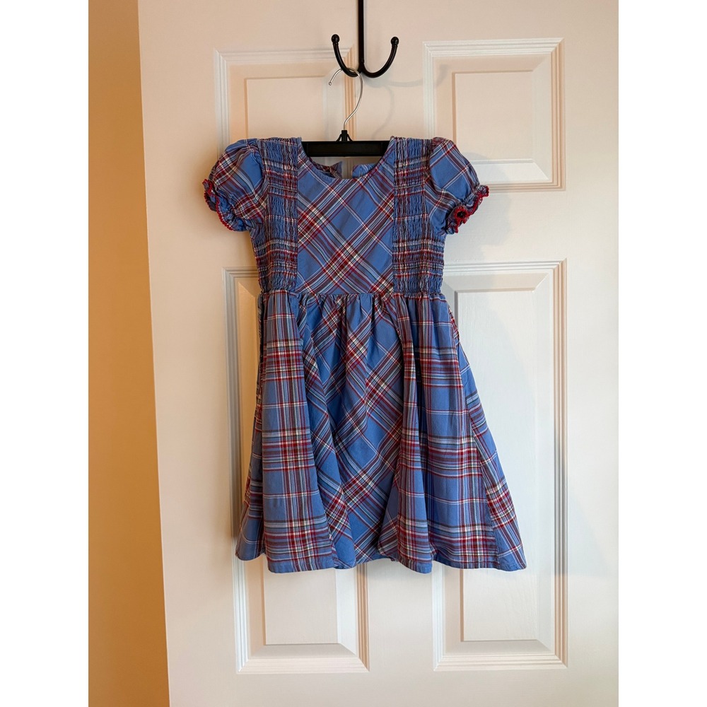 Classic Whimsy Cornflower Blue Red and White Plaid Smocked Dress Sz 5